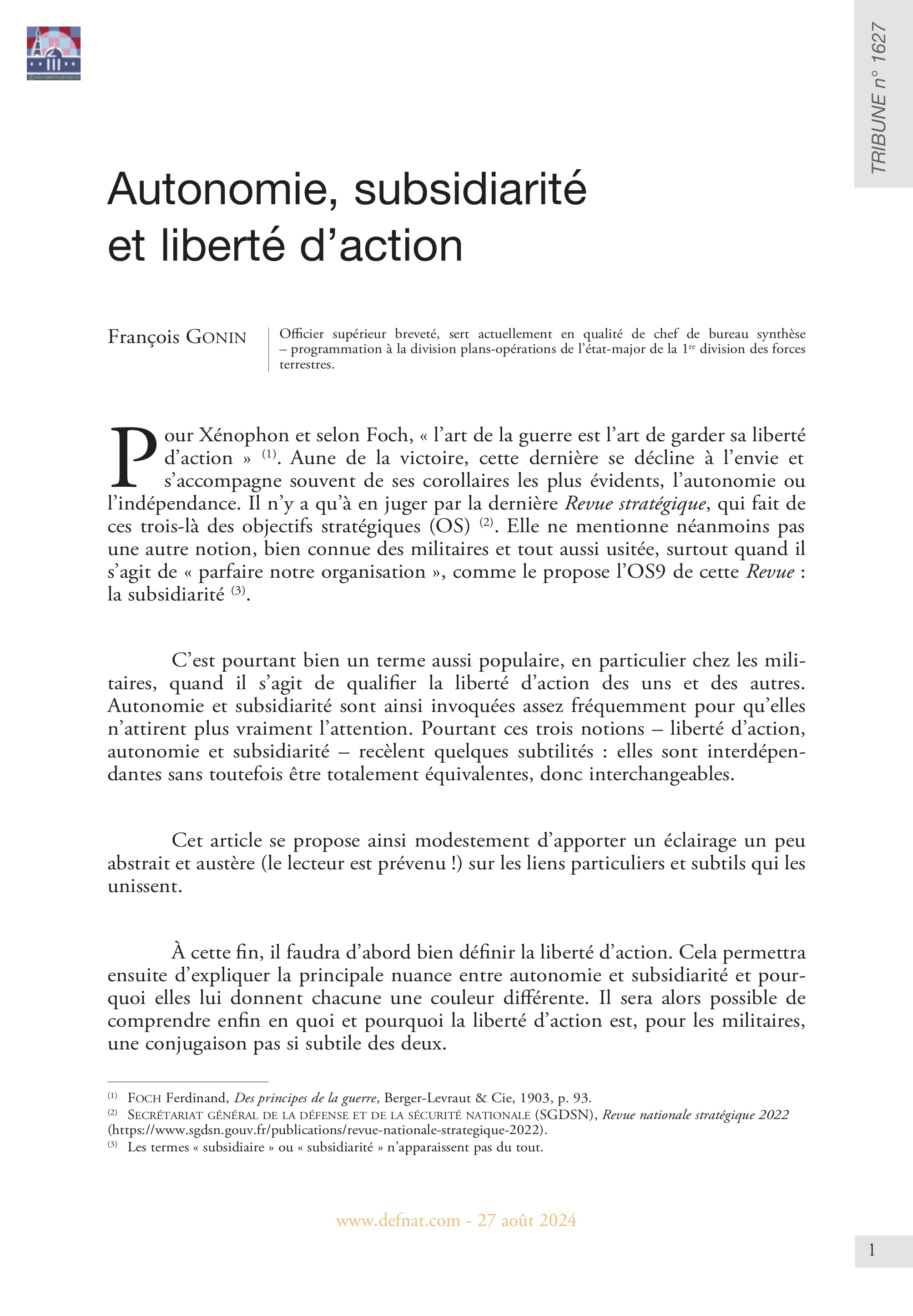 Autonomie, subsidiarité et liberté d’action (T 1627)
